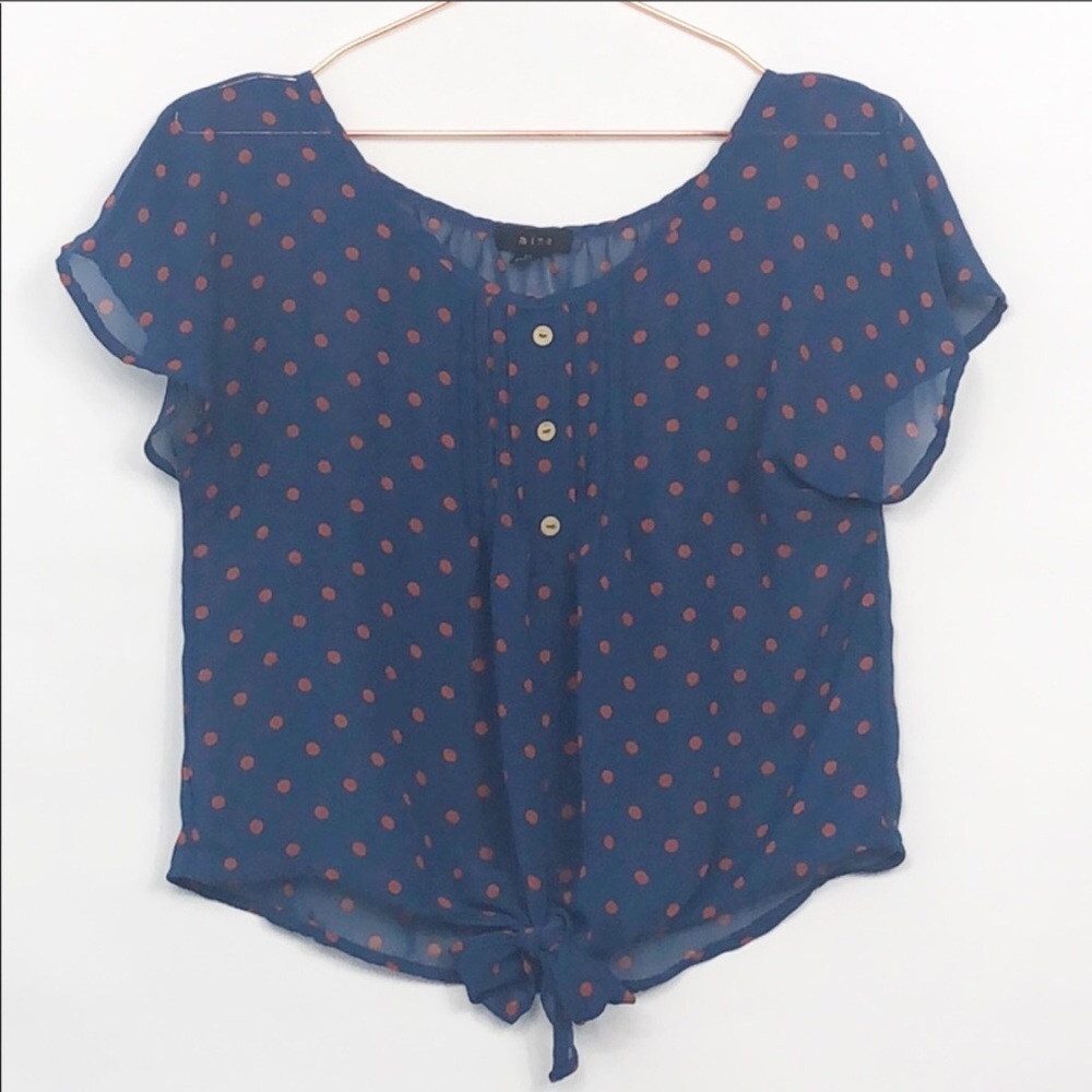 Mine Polka Dot Tie Hem Sheer Blouse Navy&Orangr